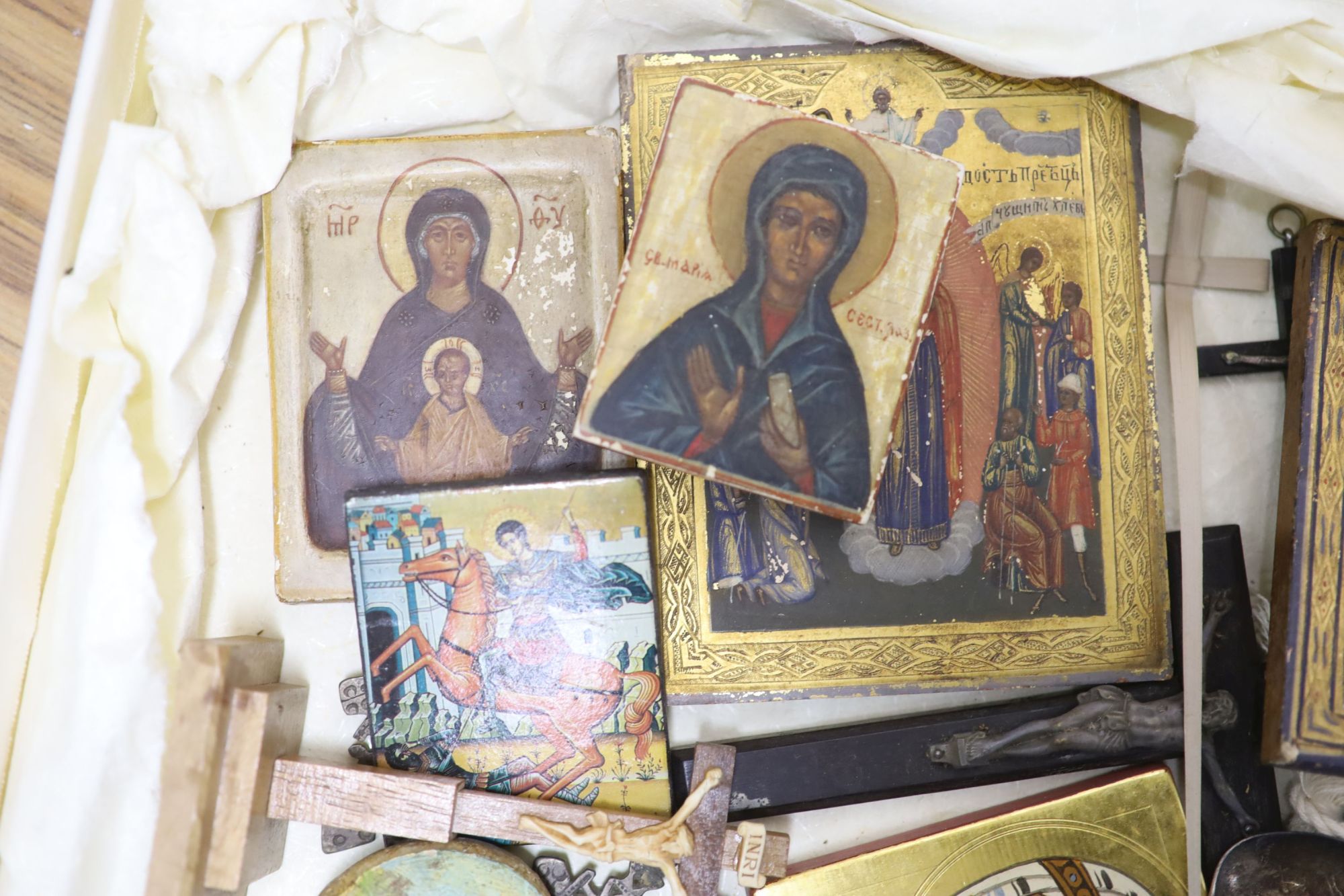 A quantity of religious artefacts including icons, crucifixes, etc.